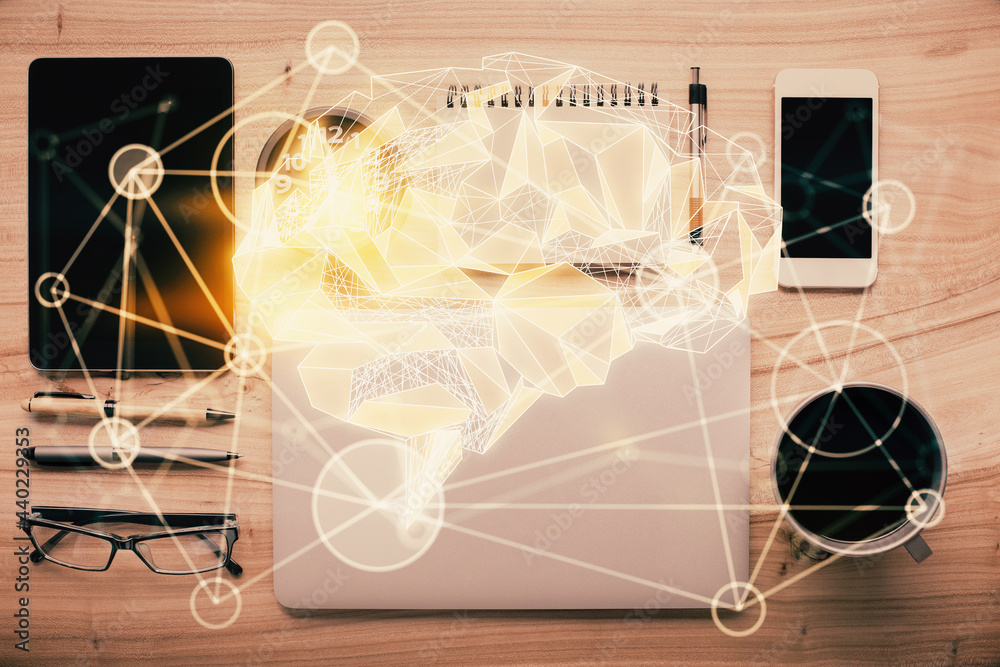 Double exposure of brain drawing over work table desktop. Top view. Global data analysis concept.