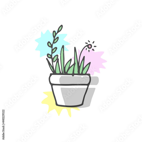 beautiful houseplant illustration on white background. potted plant icon  flowerpot with color paint spattered. hand drawn vector. doodle art for logo  wallpaper  poster  banner  clipart  sticker. 