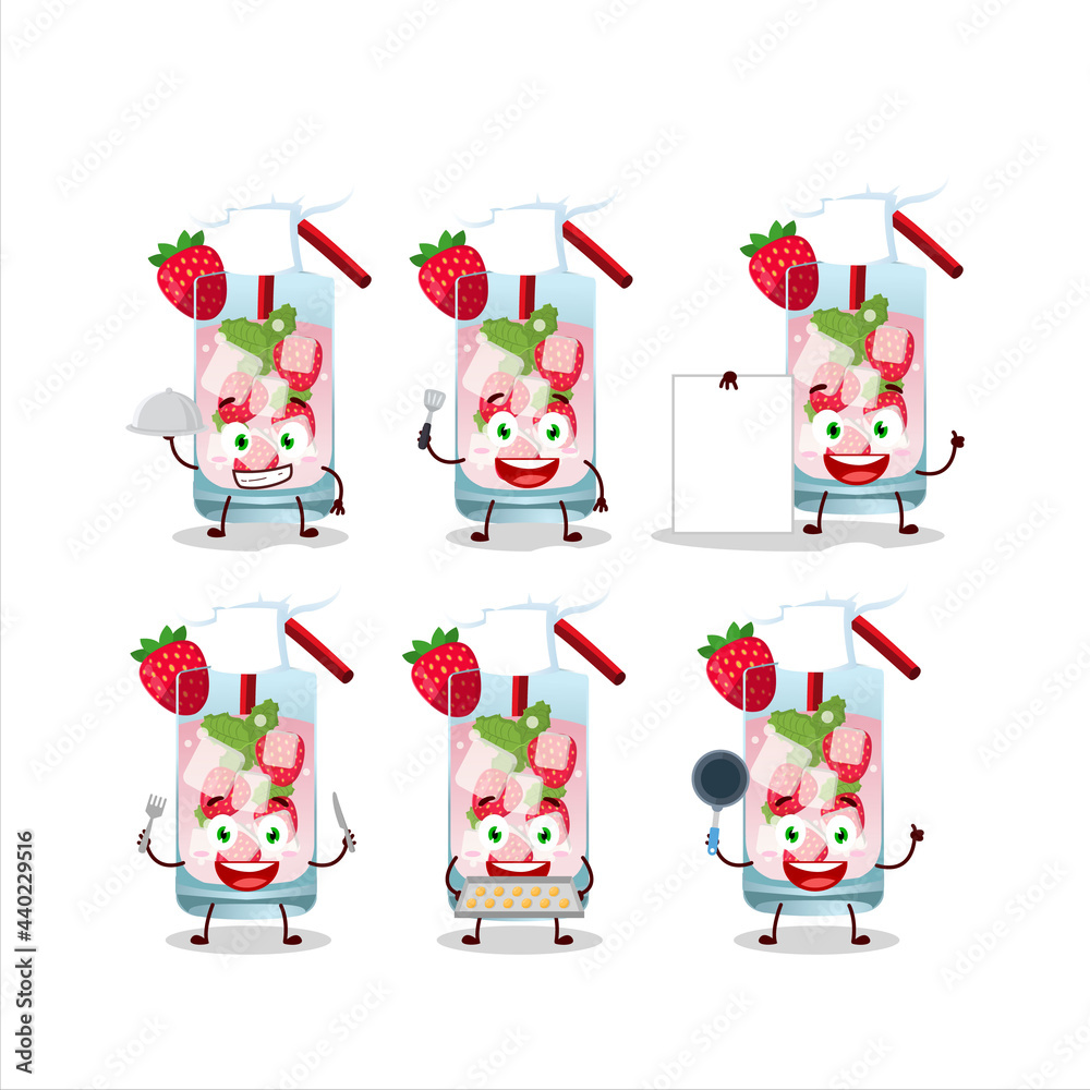 Naklejka premium Cartoon character of strawberry mojito with various chef emoticons