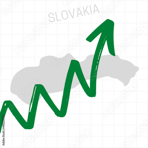 Slovakia map with rising arrow showing economic growth. Nation economy recovered, financial growth, stock trading up, equity price move up, bull market. Upward trend green arrow business concept 
 photo