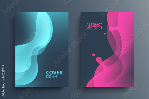 Futuristic abstract backgrounds with soft wave shapes and fluid colors. Brochure cover templates with abstract glossy gradient design elements for your graphic design. Vector illustration.