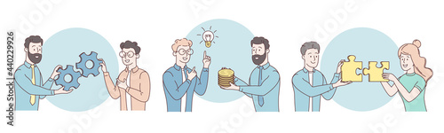 Merger of companies. Buy idea. Modern abstract concept of business cooperation, Collaboration. Experience and initiative metaphor. Business Marketing vector illustrations set. Scenes business activity