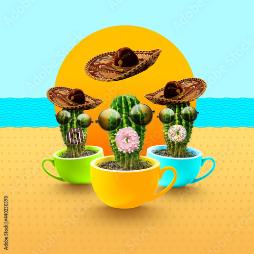 Unusual green cactus in mexican sambrero on yellow background. Copyspace for your ad. Modern design. Contemporary artwork, collage. photo