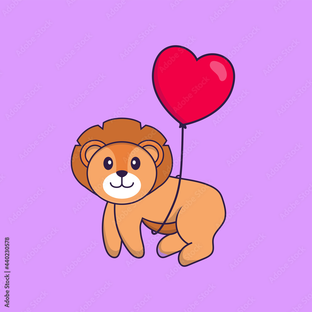Cute lion flying with love shaped balloons. Animal cartoon concept isolated. Can used for t-shirt, greeting card, invitation card or mascot. Flat Cartoon Style Cute lion flying with love shaped balloons. Animal cartoon concept isolated. Can used for t-shirt, greeting card, invitation card or mascot. Flat Cartoon Style