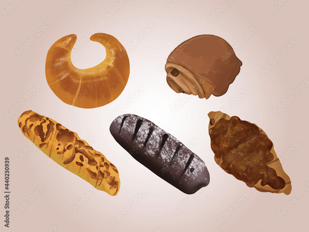 Set of five bakery pastry bread and buns Set of five bakery pastry bread and buns