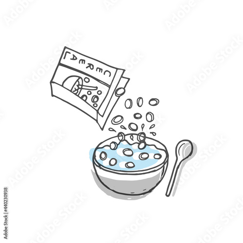pouring cereal into a bowl with spoon illustration. breakfast icon, cereal with fresh milk. hand drawn vector. healthy breakfast. doodle art for logo, sticker, branding, poster, advertising, cover. 