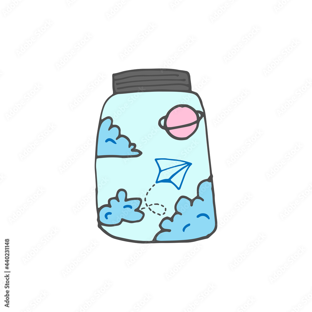 space in the jar illustration on white background. cloud, planet and aircraft icon. hand drawn vector. cute doodle art for kids, logo, wall decoration, poster, cover, sticker, clipart, fashion. space in the jar illustration on white background. cloud, planet and aircraft icon. hand drawn vector. cute doodle art for kids, logo, wall decoration, poster, cover, sticker, clipart, fashion.