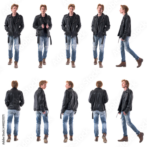 Set of stylish biker or rocker walking man in leather jacket and jeans. Side, front and back view. Full body people isolated on white background.