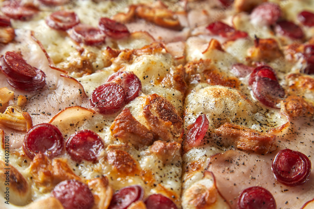 pizza with sausages closeup