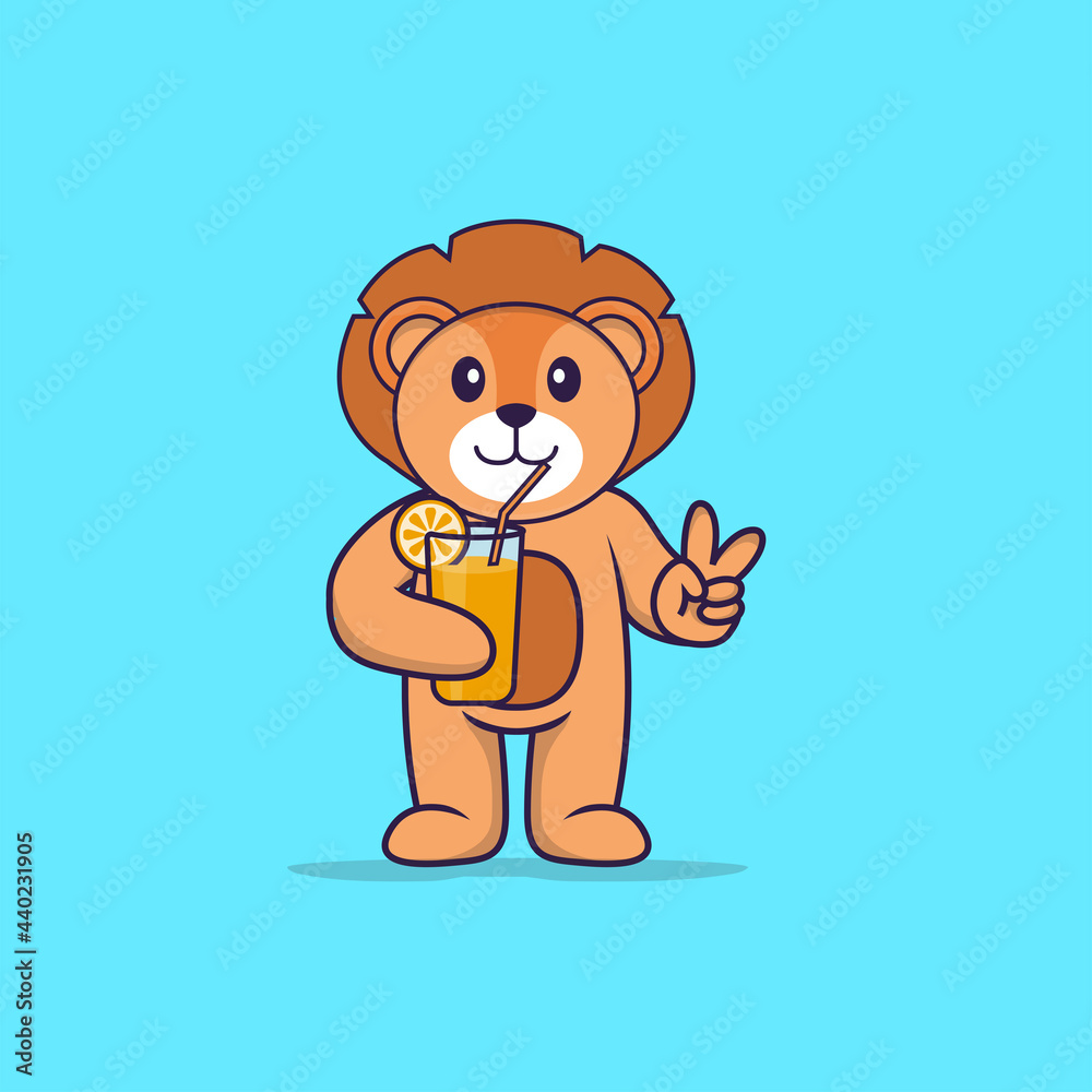 Obraz premium Cute lion holding orange juice in glass. Animal cartoon concept isolated. Can used for t-shirt, greeting card, invitation card or mascot. Flat Cartoon Style