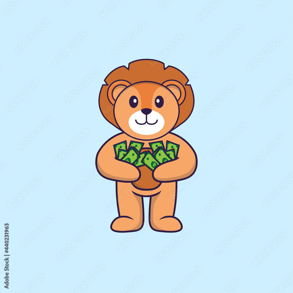 Fototapeta premium Cute lion holding money. Animal cartoon concept isolated. Can used for t-shirt, greeting card, invitation card or mascot. Flat Cartoon Style