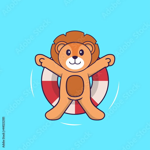 Cute lion is Swimming with a buoy. Animal cartoon concept isolated. Can used for t-shirt, greeting card, invitation card or mascot. Flat Cartoon Style