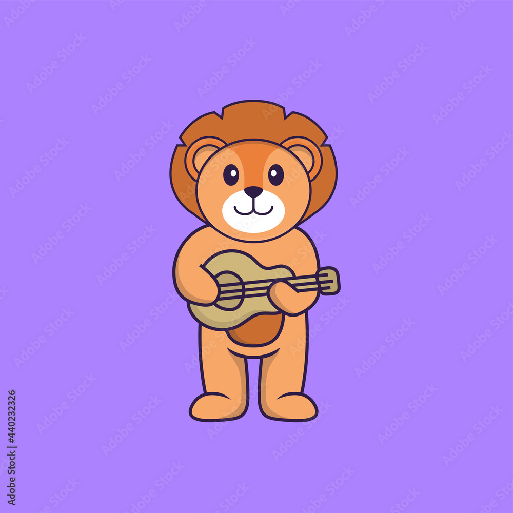 Obraz premium Cute lion playing guitar. Animal cartoon concept isolated. Can used for t-shirt, greeting card, invitation card or mascot. Flat Cartoon Style