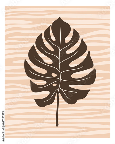 Monstera leaf on a striped background boho interior wall art. Minimal abstract print poster wallpaper cover. Hand drawn tropical plant silhouette. Pastel natural color. Stock vector illustration.