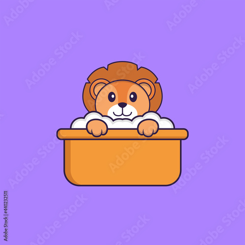 Cute lion taking a bath in the bathtub. Animal cartoon concept isolated. Can used for t-shirt, greeting card, invitation card or mascot. Flat Cartoon Style