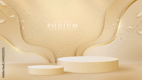 Luxury abstract background, leaves overlapping on golden curve lines with cylinder shape podium for show product scene. cream color stage about sweet feeling. paper cut style. vector illustration.