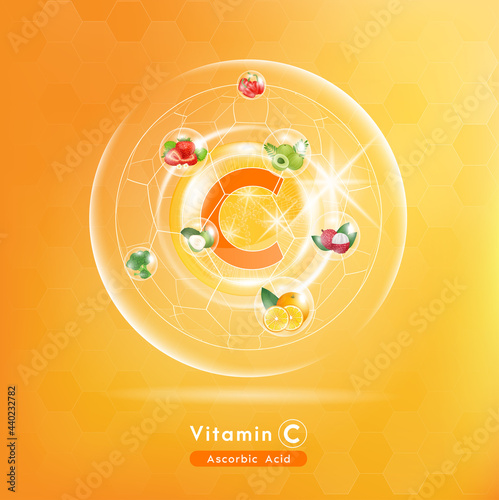 Vitamin C. Medicine capsule, Orange substance. Fruits and vegetables that neutralize free radicals. With chemical formula. Anti aging beauty enhancement concept and health care. 3D vector EPS10.