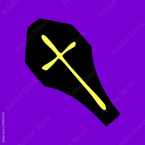 Black silhouette of a coffin with a cross in flat style. Vector icon, clipart isolated on dark purple background. Theme of Halloween, death, dead, funeral