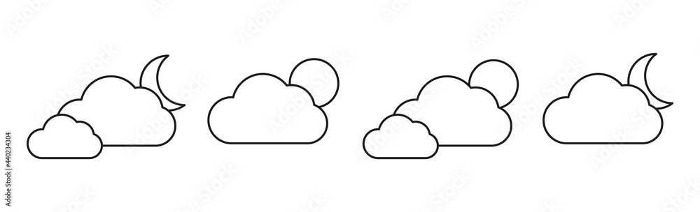 Set with different weather icons. Icons of cloud and moon on a white background. Cloudy vector logo. Linear weather logo with moon. Set with different weather icons. Icons of cloud and moon on a white background. Cloudy vector logo. Linear weather logo with moon.
