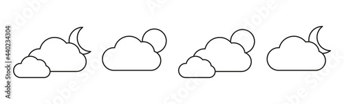 Set with different weather icons. Icons of cloud and moon on a white background. Cloudy vector logo. Linear weather logo with moon.
