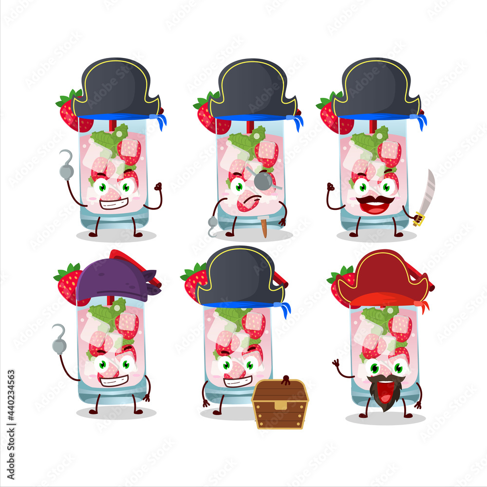 Cartoon character of strawberry mojito with various pirates emoticons Cartoon character of strawberry mojito with various pirates emoticons