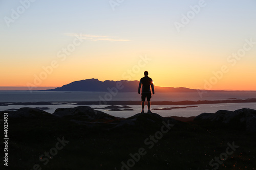 Sunset fra Torghatten mountain an Vega island in background Helgeland Nordland county scandinavia Europe