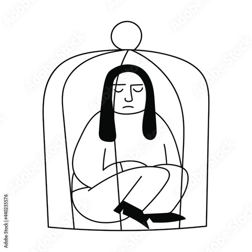 Outline illustration. Mental health concept. Woman in cage. Vector graphic design on white background.