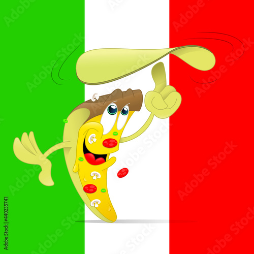 Cartoon of a pizza slice tossing a pizza in the air