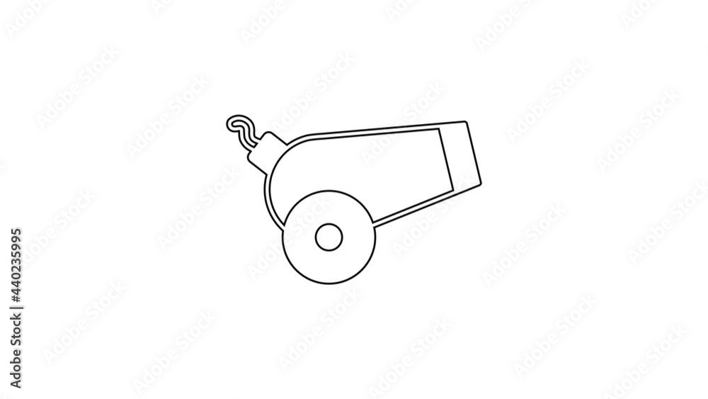 Black line Cannon icon isolated on white background. 4K Video motion graphic animation