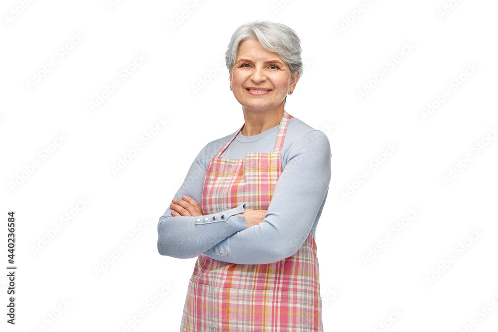 cooking, culinary and old people concept - portrait of smiling senior woman in kitchen apron over white background cooking, culinary and old people concept - portrait of smiling senior woman in kitchen apron over white background