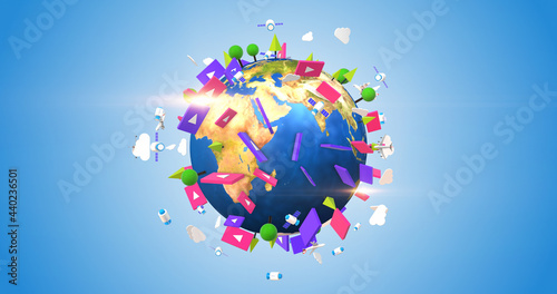 Social Media Icons On Orbiting Planet Earth. People Watching Digital Media. Smart Cities. 3D Illustration Render. #440236501
