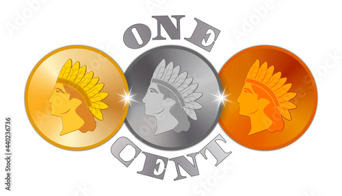 Three coins with the head of a Native American Indian. The inscription is one cent. Gold, silver and bronze tokens. Bright radiant highlights and shadows on a white background