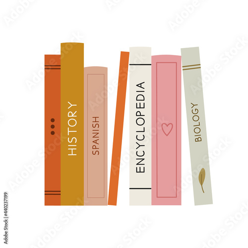 Vector illustration of stack of books and textbooks. Hand-drawn set, in flat style. The concept of objects for learning, reading, school tools. Suitable for book shops, a publishing houses.