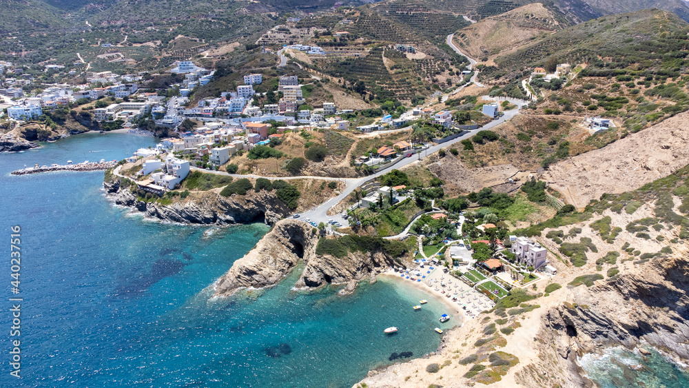 Aerial photo of a beach in Bali village. Crete.