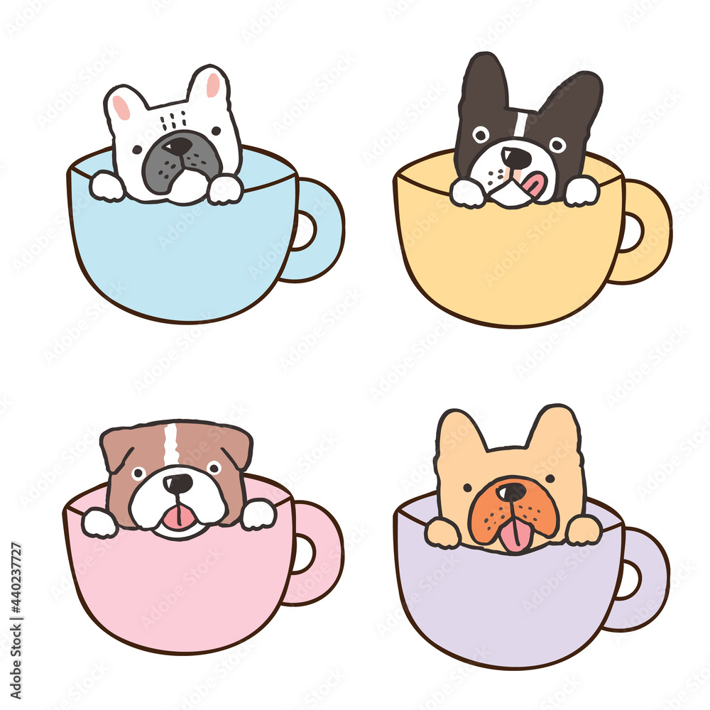 Vector Illustration of 4 Cartoon Bulldog Characters in Coffee Cup Design on Isolated Background