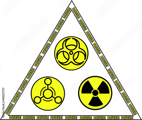 Radiation sign, biological contamination icon, chemical weapons symbol in triangle with words achtung in the perimeter. Set of stickers of weapons of mass destruction. 