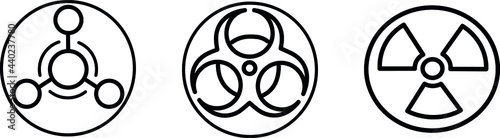 Radiation sign, biological contamination icon, chemical weapons symbol. Set of stickers of weapons of mass destruction.