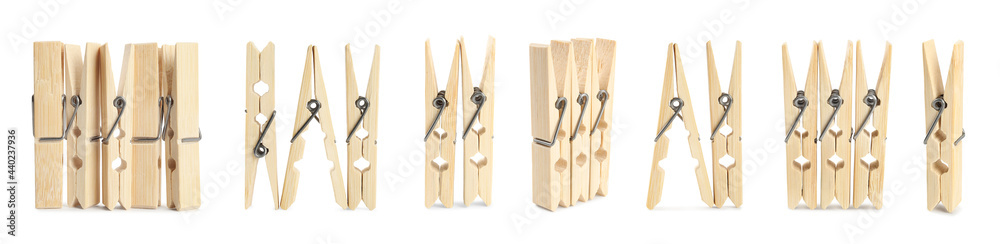 Set with wooden clothespins on white background. Banner design