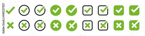 Check mark vector icon. Tick and x cross green box set. Approval sign. Ok Yes choose buttons illustration on white background. Checklist symbols isolated.