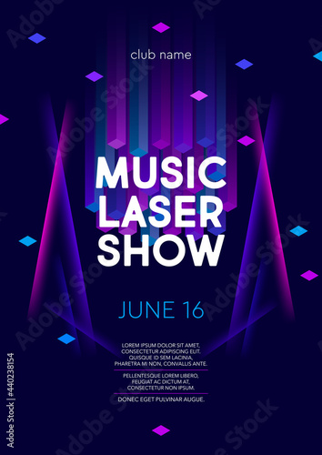 Vertical music laser show poster with bright color graphic elements, dark background and text. Vector illustration.