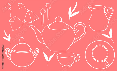 Fotografía Tea party collection, teapot, mug, sugar bowl, spoons, tea bags, breakfast, mini