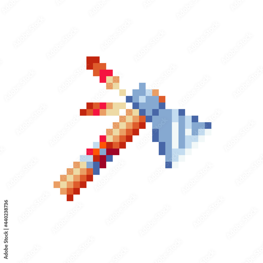 Indian weapon tomahawk pixel art style icon, cold steel arms, isolated vector illustration. Design for sticker, mobile app and logo. Game assets 8-bit sprite.