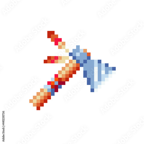 Indian weapon tomahawk pixel art style icon, cold steel arms, isolated vector illustration. Design for sticker, mobile app and logo. Game assets 8-bit sprite.