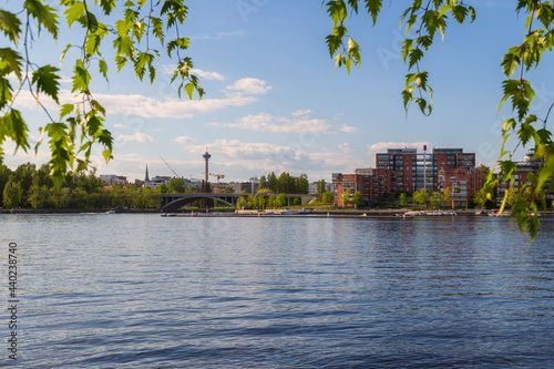Konstfotografi View of Tampere city over the lake Pyhäjärvi in Finland in the summer