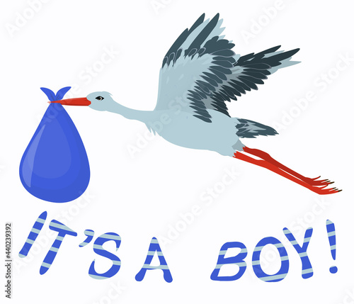 vector illustration of a stork delivering a newborn baby, isolated on a white background