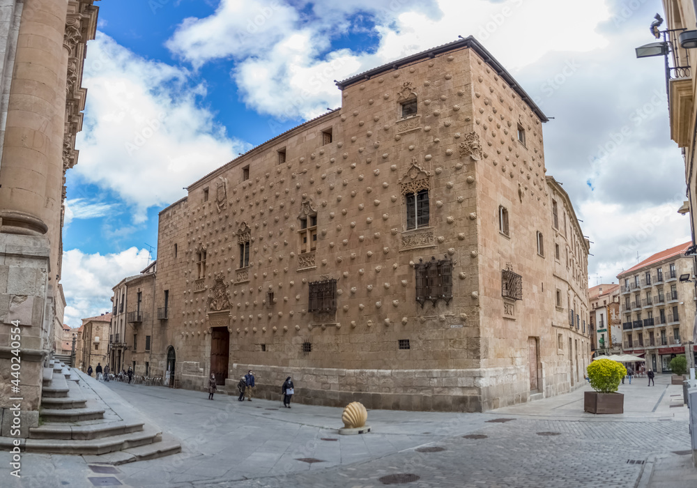 View at the later gothic facade building shell house, Casa de las Conchas, a historical building on Salamanca downtown View at the later gothic facade building shell house, Casa de las Conchas, a historical building on Salamanca downtown