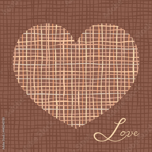 Brown linen or jute texture. Heart silhouette symbol frame. Square textile invitation or greeting card template.
