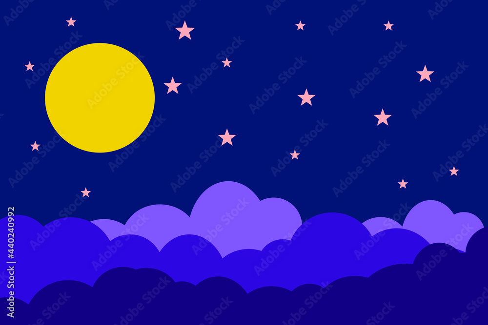 Fototapeta premium Flat style illustration yellow moon stars and blue clouds background design. Good to use for banner, social media template, poster and flyer template, etc.