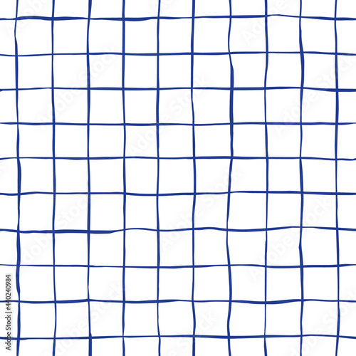 Ink doodle check seamless pattern for sheet of paper. Hand drawn lines with a pen. Blue repeat background. For fabric, wrapping, invitations, card, scrapbooking or wallpaper.