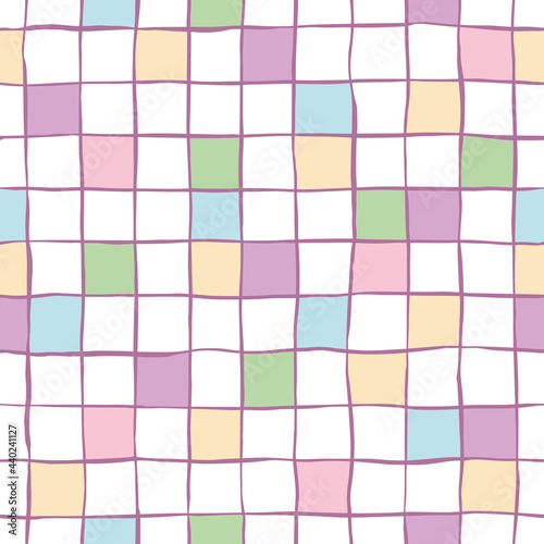 Pastel doodle checked seamless pattern of card. Hand drawn lines with a pen. Purple repeat background. For fabric, wrapping, invitations, card, scrapbooking or wallpaper.